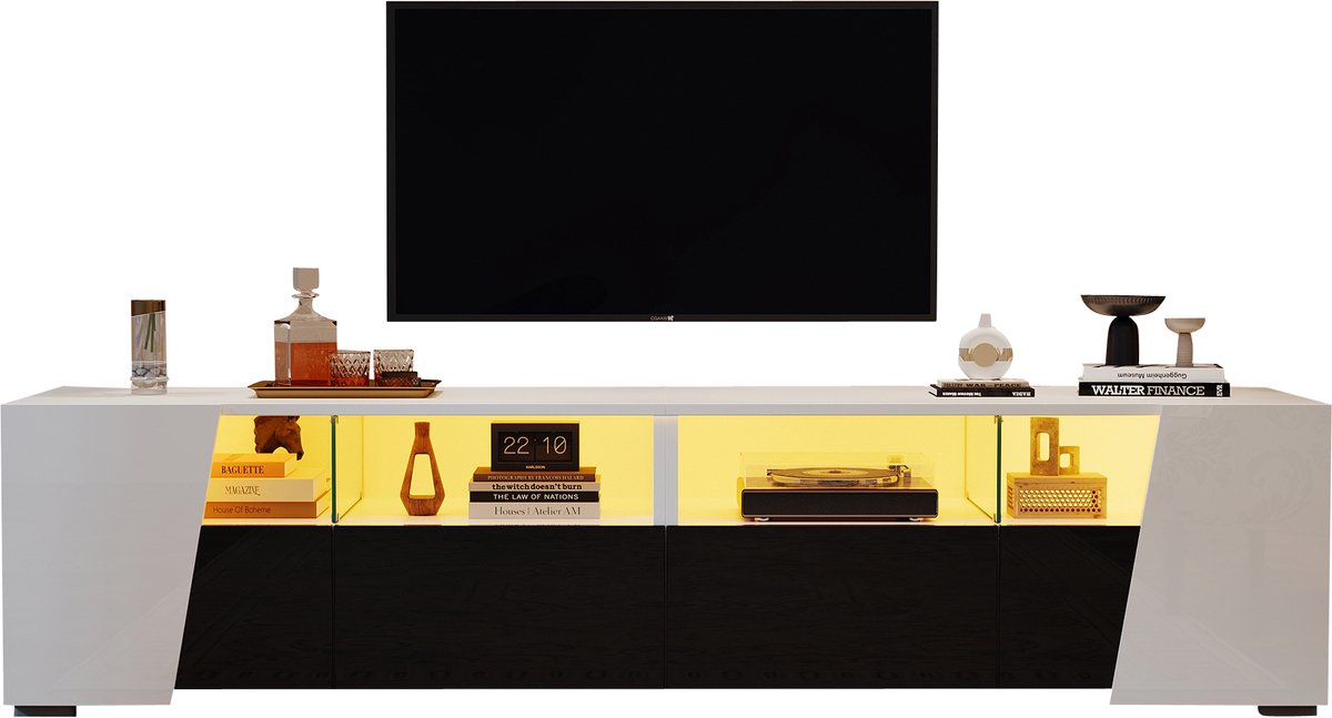 Wishdor Tv-Meubel - Ledverlichting En Opbergruimte - Modern - Voor Woonkamer - MDF En Glas - Wit En Zwart - 180 X 38,5 X 45 Cm Wit + Zwart