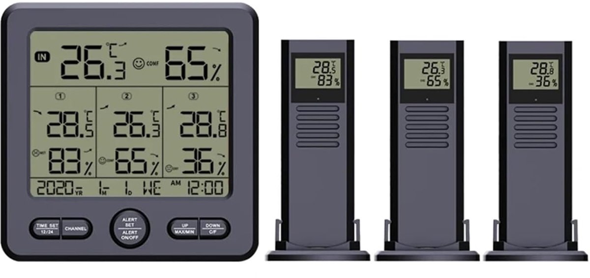 Weerstation Binnen Buiten - Temperatuur Vochtigheid - Thuis Weer Monitoren - Draadloze 100m Bereik - 3 Afstandssensoren - Zwart