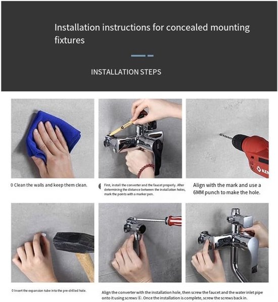 Installatie instructies voor verborgen montage armaturen met stappen: schoonmaken, uitlijnen, boren, hameren, vastschroeven.