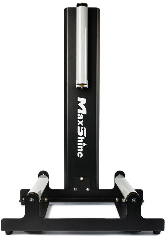 Zwarte MaxShine velgenstandaard met twee zilveren rollen en logo.