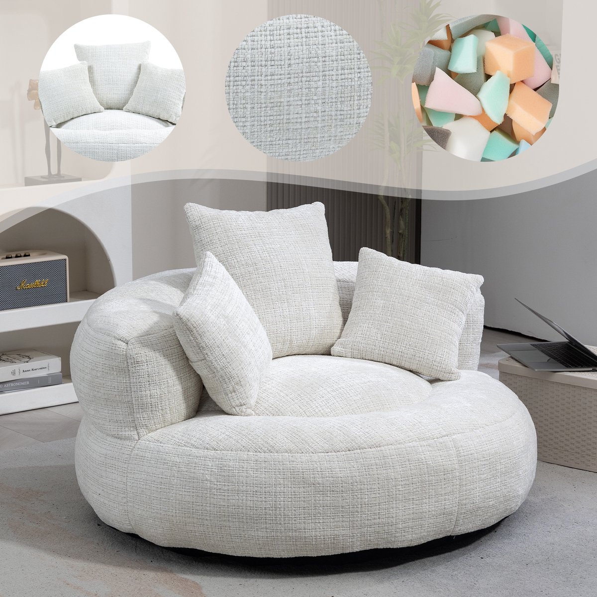 Lazy Sofa Duurzame Comfortabele Lounger Zitzak met Hoge Rugleuning en Drie Kussens voor Volwassenen en Kinderen, Binnen & Buiten, Eenpersoons Gaming Sofa Stoel voor Slaapkamer, Kantoor (Wit Chenille)