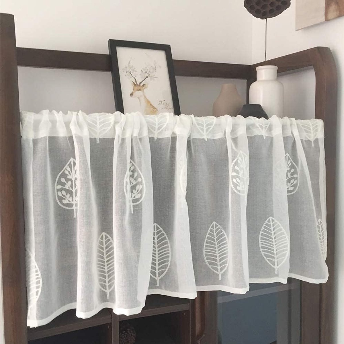 Keukengordijn Wit - Korte Raambekleding - Privacy Bieden - Geborduurd Design - 100x90cm - Wit