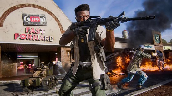 Man met wapen en militaire uitrusting voor een brandende winkel, Call of Duty: Black Ops 6.