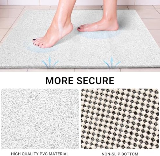 Meer veiligheid: witte badmat van hoogwaardig PVC-materiaal met antislip onderkant.
