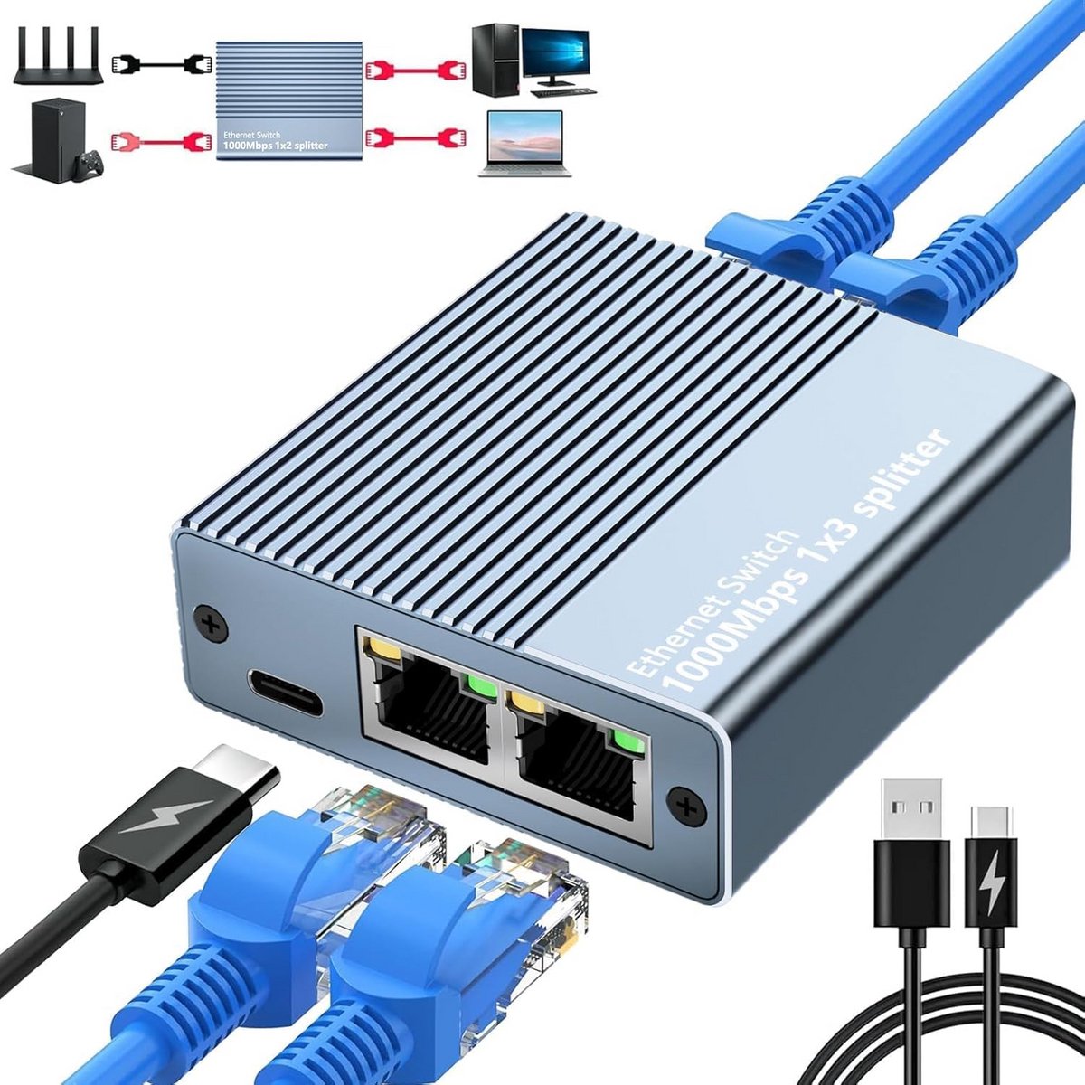 Netwerkverdeler Ethernet Splitter 1 naar 3 Poorten 1000Mbps