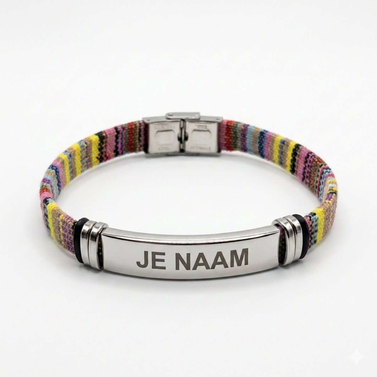 Armband met graveer, Armband met naam, Armband met gravure kleurrijk - textielband - gebogen RVS naamplaat - gepersonaliseerd, Armband met naamplaatje ,graveerarmband