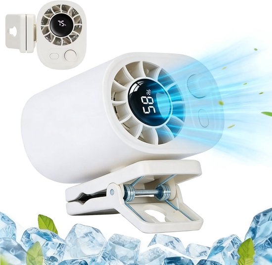 Draagbare stille clipventilator wit, 360° draaibaar, LED-display, snelladen, compact, lichtgewicht, reis- en sportventilator