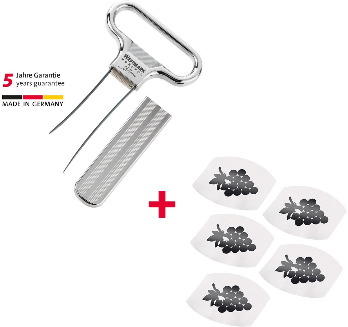 Westmark wijnset, 6-delig, 1 ontkurker/herkurker met flesopener Ah-So, Monopol-editie + 5 wijnschenktuiten Safety, staal/gegoten zink/PET, verchroomd/zilver/zwart, 628533E6