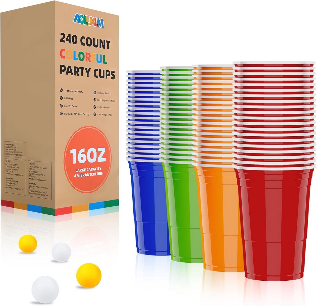 Grote Set Herbruikbare Feestbekers (240 stuks) in 4 Kleuren met 20 Ballen