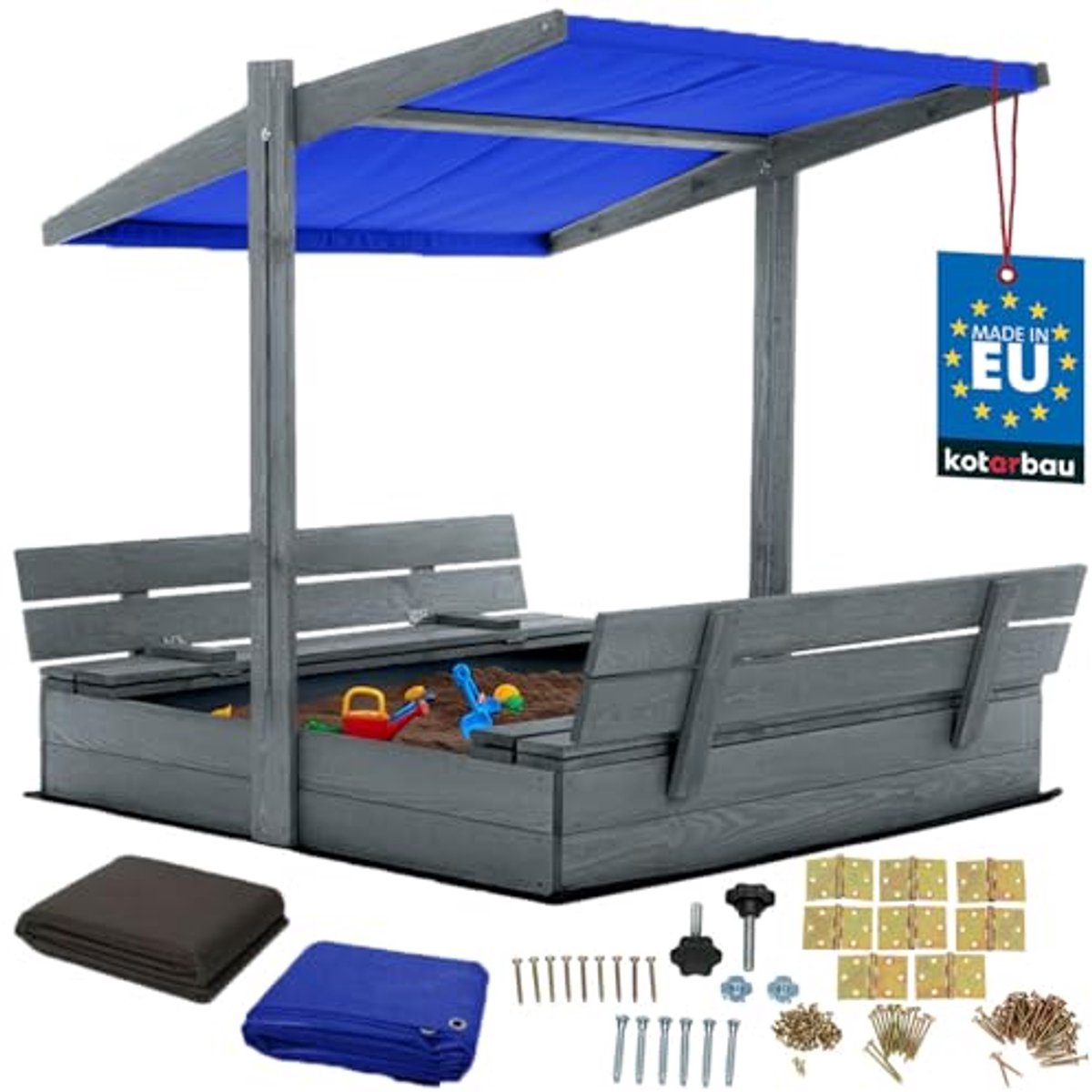 KOTARBAU® Houten Zandbak, 120 x 120 cm, Grijs, Zandbak met Bankjes, met Blauw Dak, en Grondzeil, voor Tuin, Buitenspeelgoed