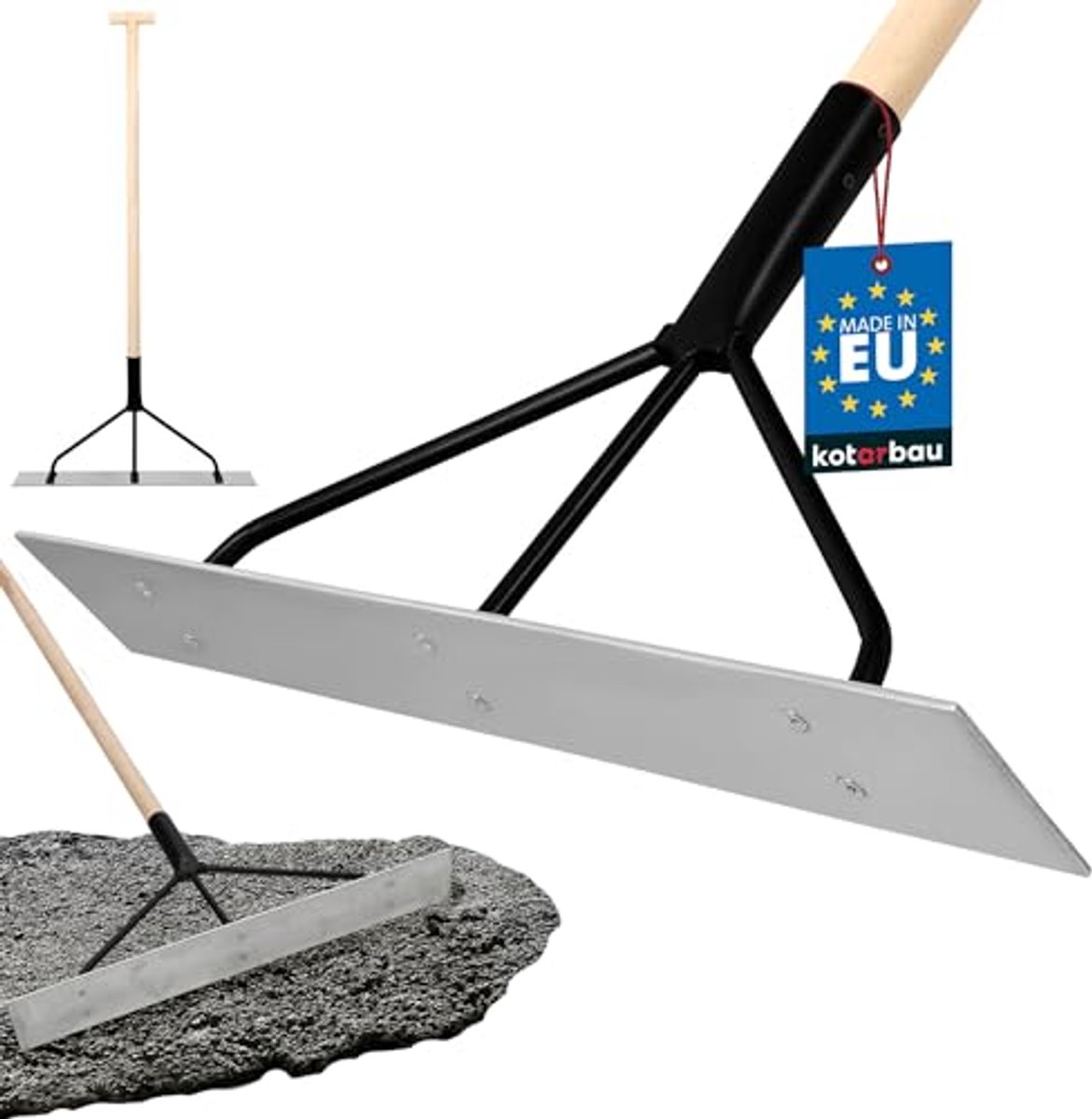 KOTARBAU® Betonverteiler, Betonafstrijker, Staal, 62,5 x 9 cm, Zilver Zwart, met Houten Steel 96 cm