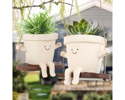 2x Hangende Bloempotten met Gezicht - Smiley Bloempot Schommel voor Binnen en Buiten