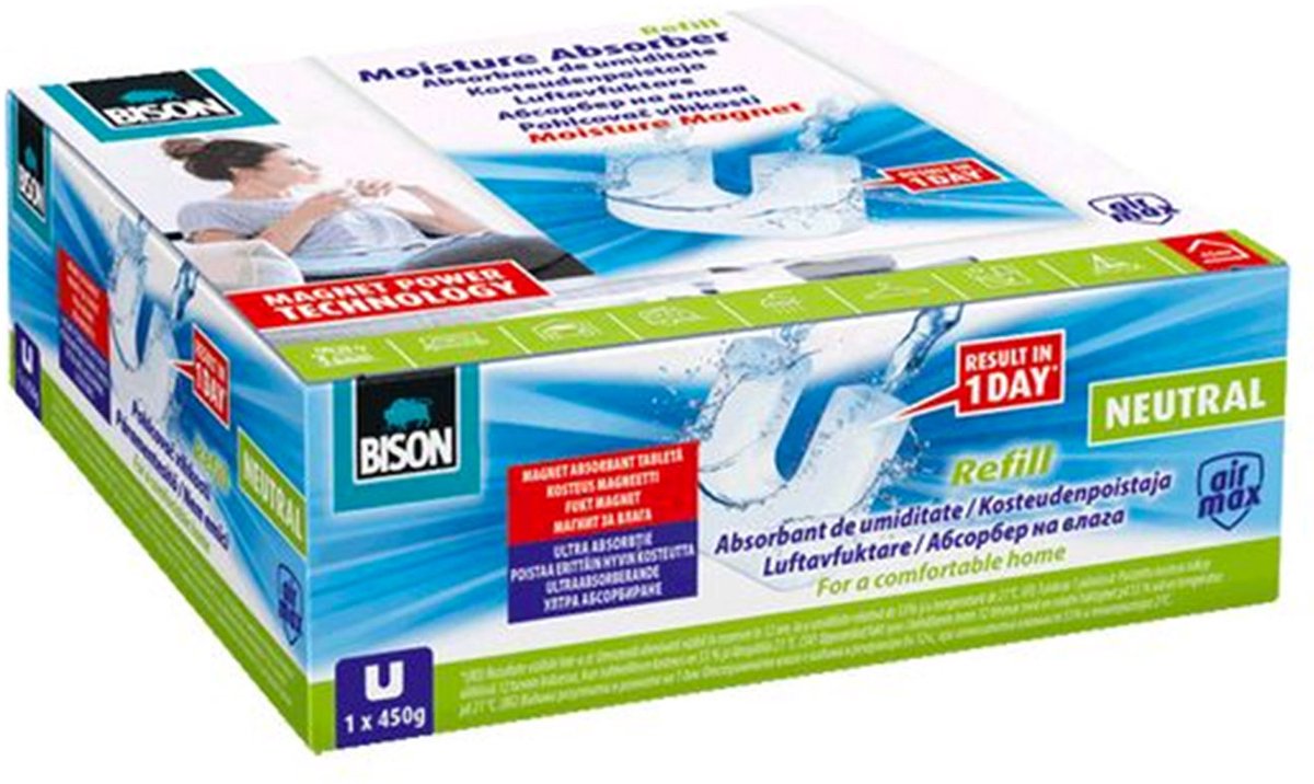 Bison AirMax Ontvochtiger Navulling - Magnetische Tablet - 450g - Reukloos - Anti-Schimmel - Voor 45 m³ - Langdurig Effect - 105x90x37mm - Wit [B13348]