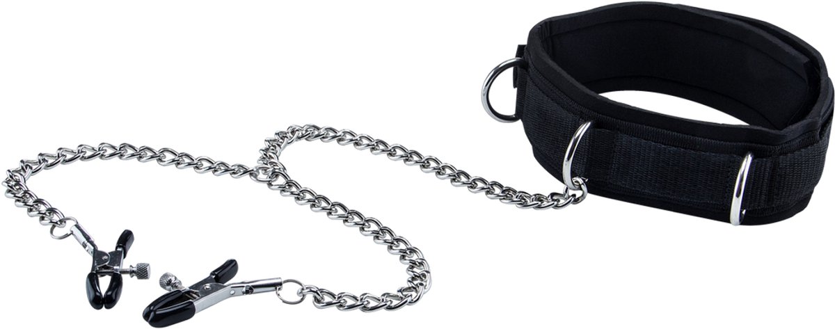 OUCH! – Velcro Tepel Klemmen met Halsband voor Onderdanige Slaaf - Zwart
