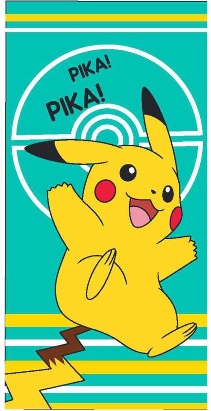 Geel Pikachu met rode wangen op een turquoise handdoek met "Pika! Pika!" en een Pokeball-logo.