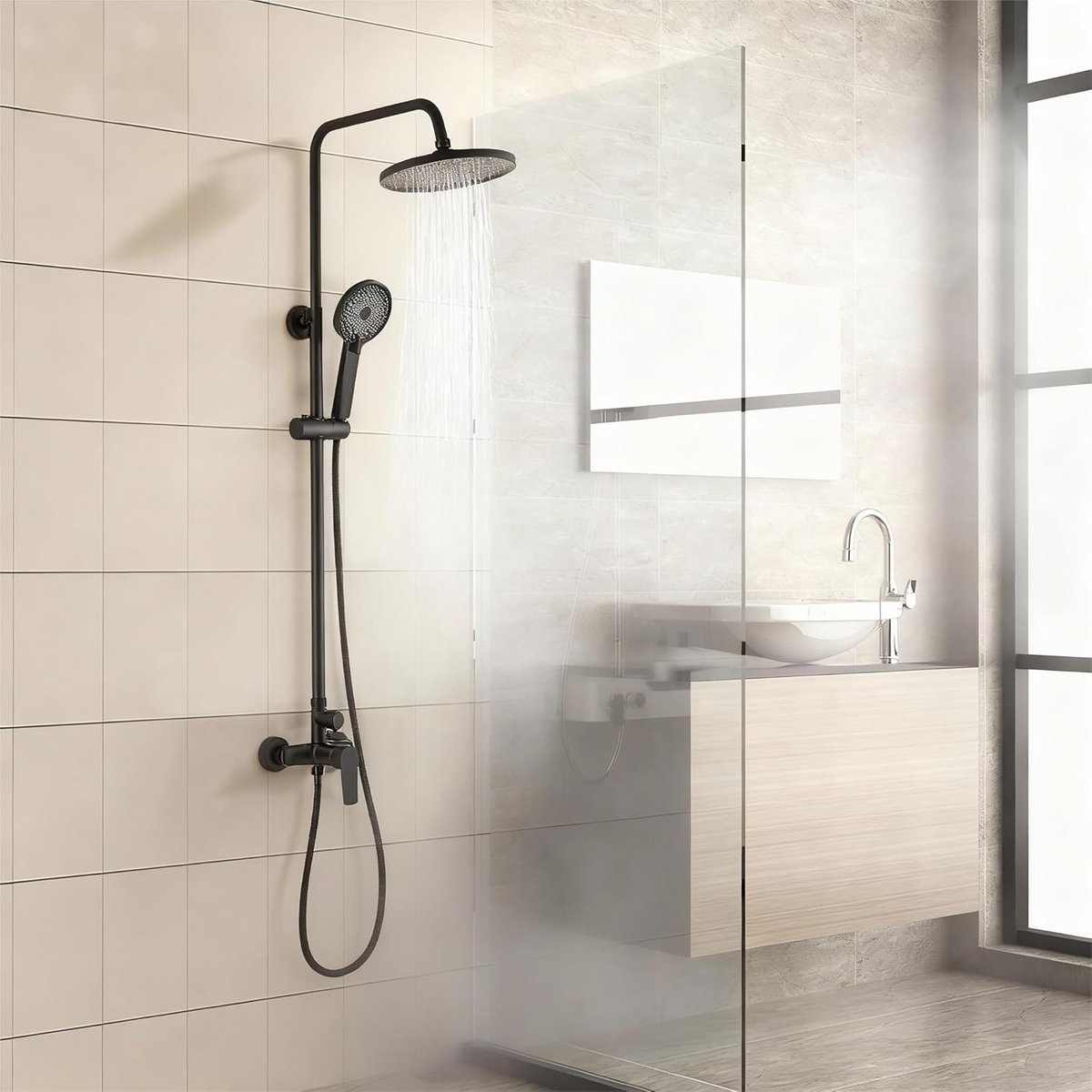 Douchekolom Zwart met Rainshower en Handdouche - 3 Straalsoorten - Mechanische Doucheset
