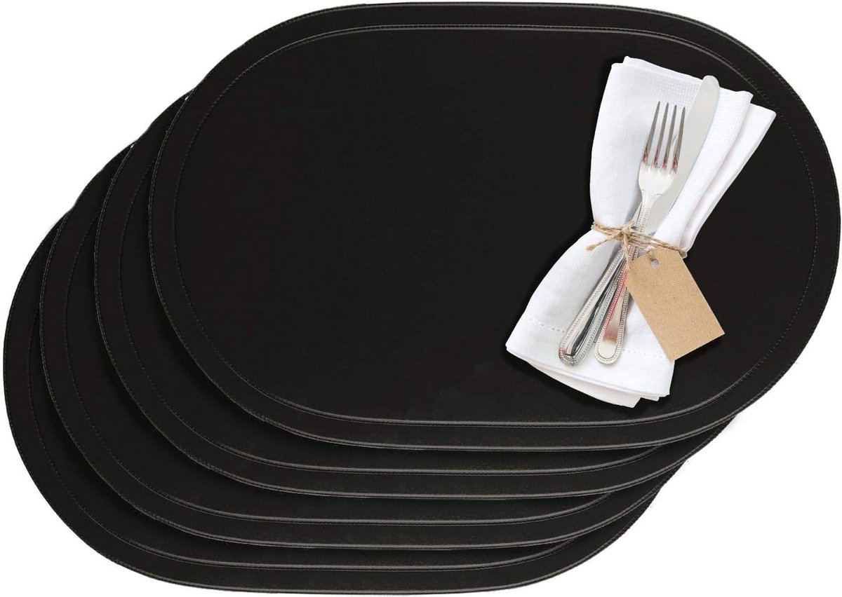 Set van 4 Vinyl Placemats Zwart Ovaal 45.5 x 29 cm