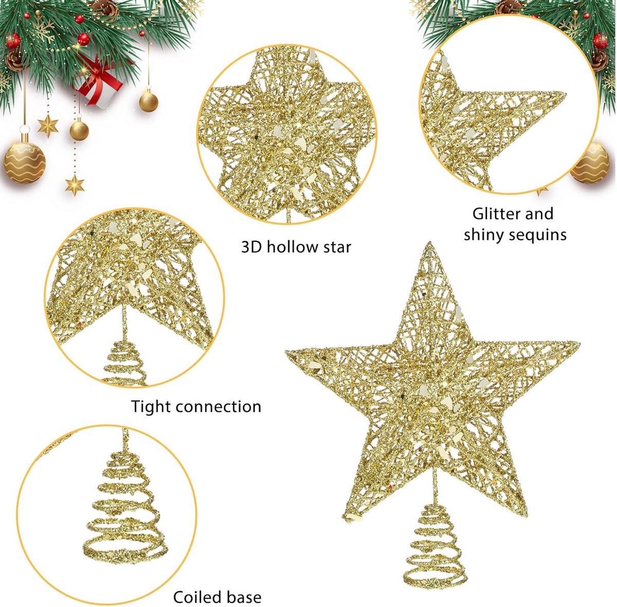Gouden Kerstboomdecoratie Ster Puntig 25cm - Luxe Boomtopper – foto 4
