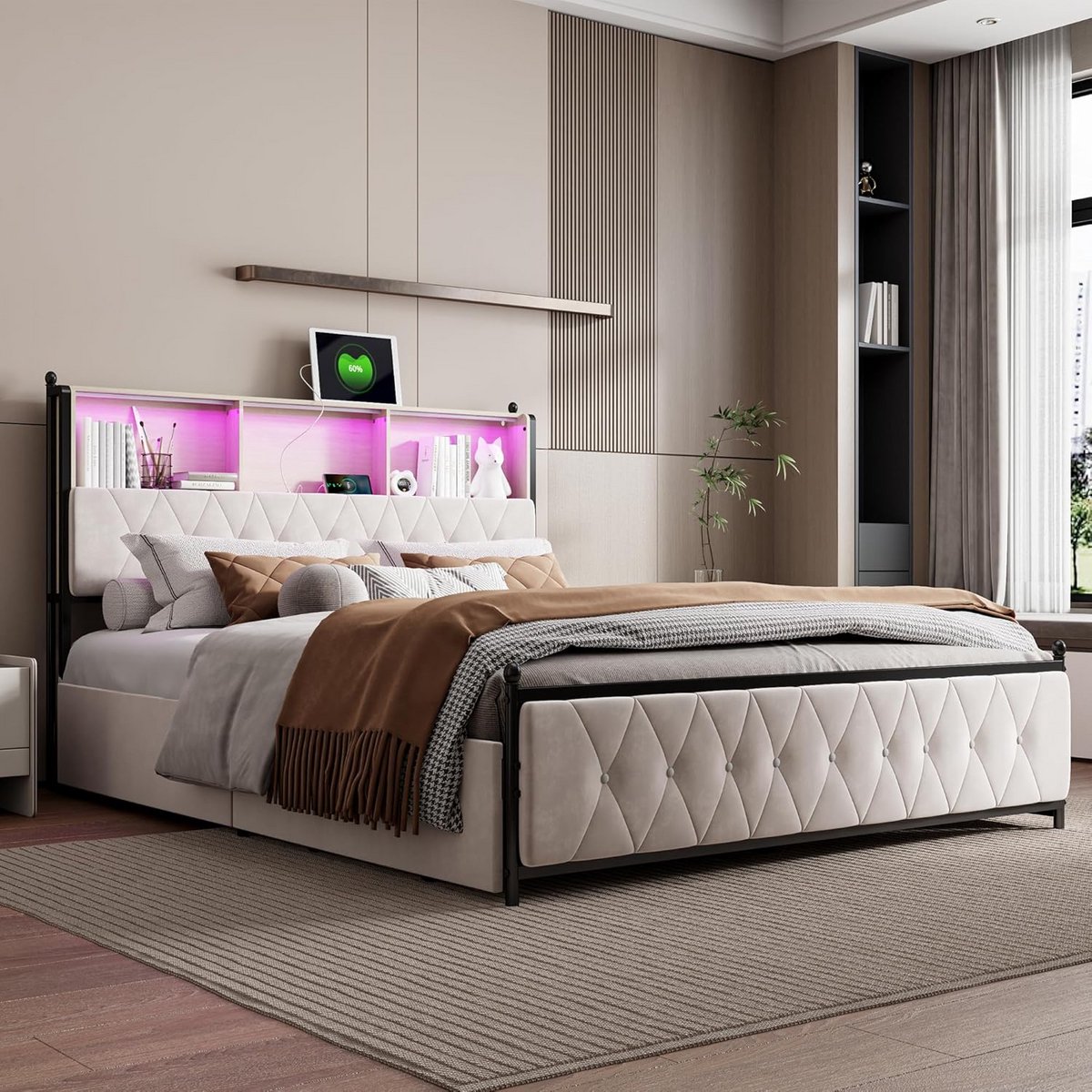 Tweepersoons Bedframe 160x200 cm met Lattenbodem, Fluweel Beige, Hoofdeinde met RGB Verlic