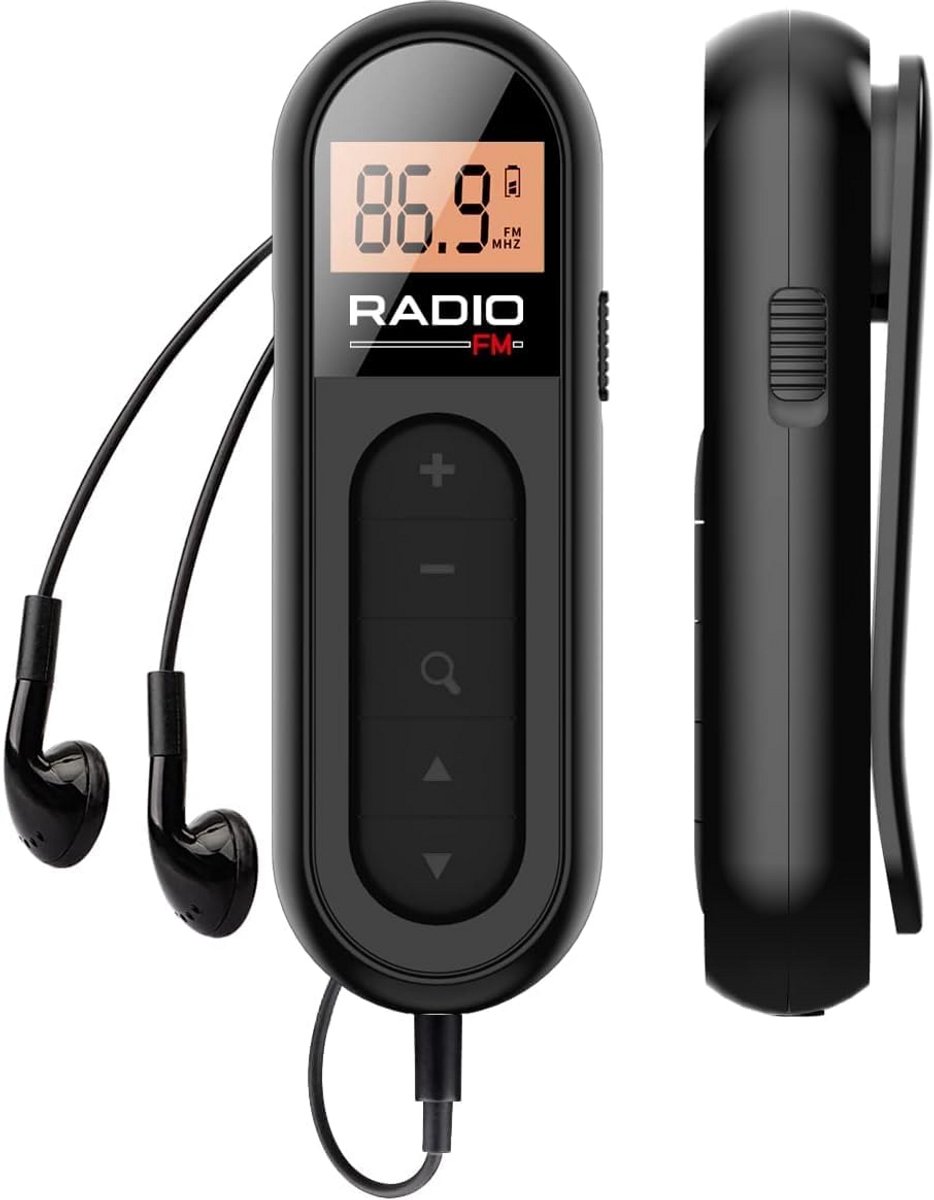 Draagbare oplaadbare radio zakformaat FM radio met LCD-scherm voor hardlopen wandelen en sport zwart