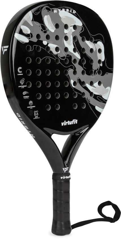 VirtuFit Hybrid Padel Racket - Zwart - Grijs - Inclusief Polskoord - Padelracket - Paddle - Geschikt voor Spelers met Ervaring - Druppelvormig Blad met Kern van EVA Foam - Lichtgewicht - Ergonomisch Handvat - Carbon Blad