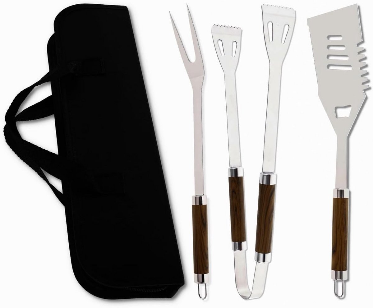 RVS Grillgereedschap Set 4-Delig met Opbergtas: Tang, Vork en Spatel voor BBQ