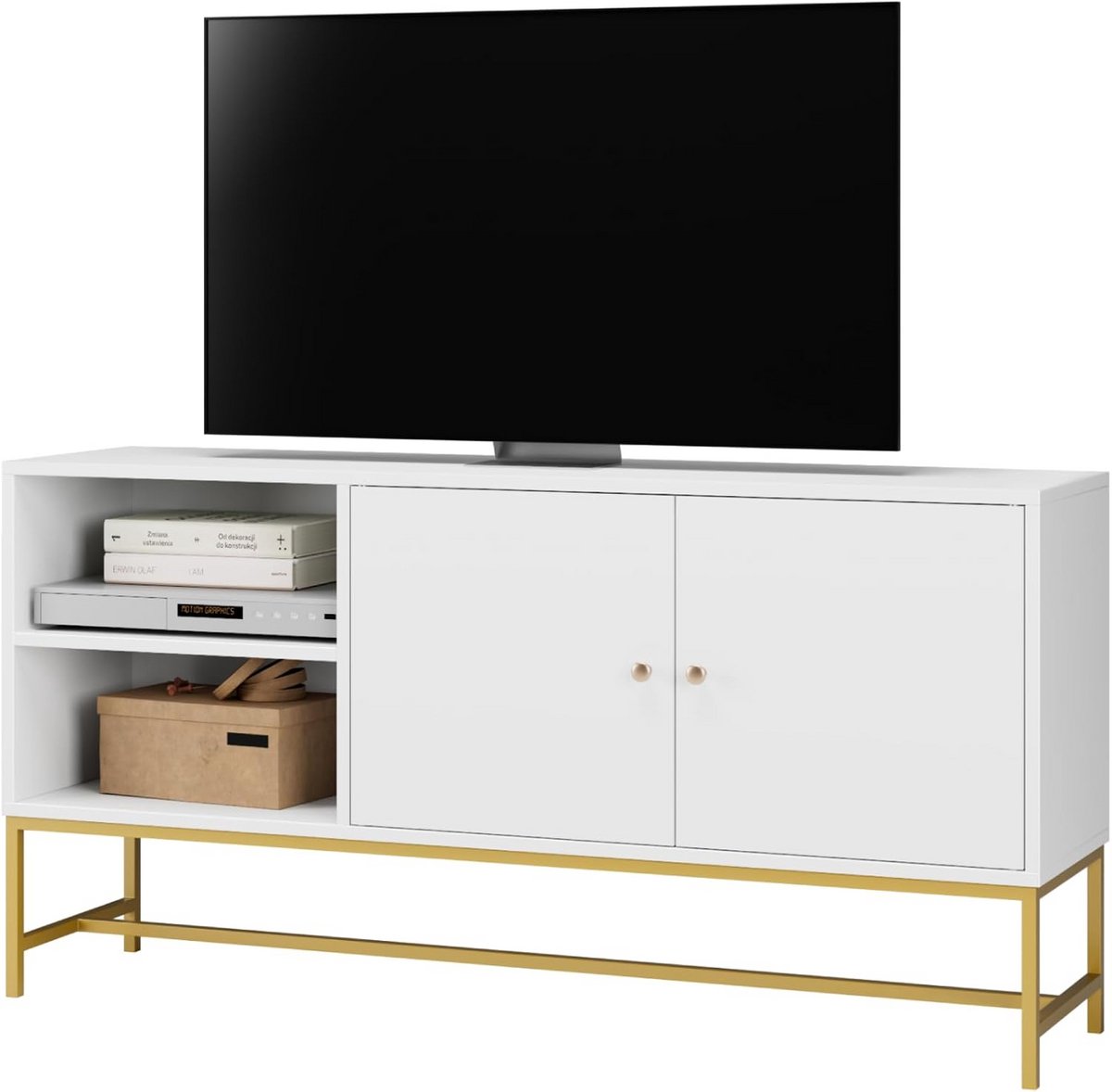 TV Kast Lowboard met 2 Deuren - Hout en Metaal - Wit en Goud - 120 cm Breed