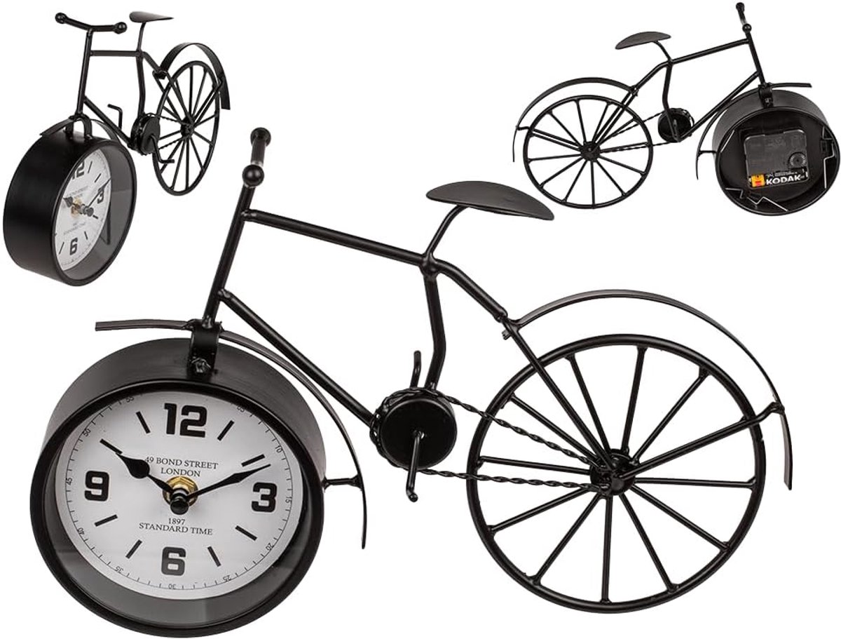 Zwarte metalen fiets met klok - functionele decoratie - 1 stuk - zwart - metaal - 31,5 x 6 x 20 cm