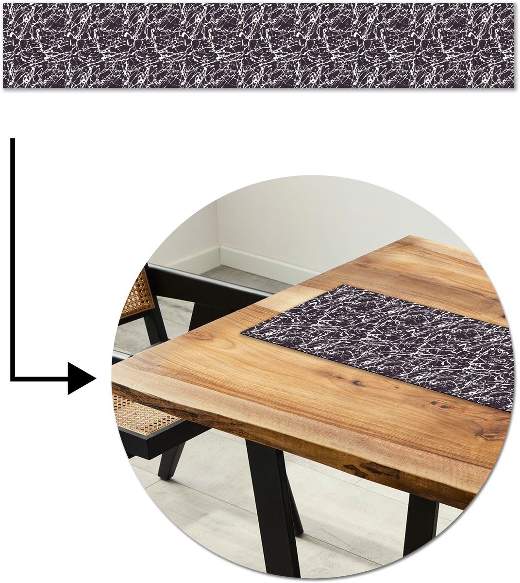 Tafelloper 180x30 cm - Tafelmat vinyl Spat - Waterverf - Wit - Tafeldecoratie - Tafelversiering - Keuken decoratie - Tafel versiering