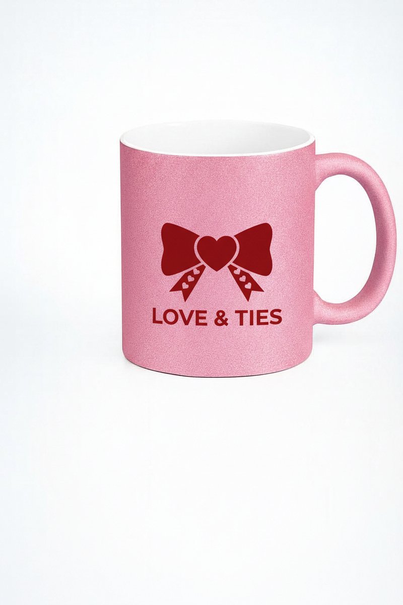 Roze Glitter Mok met Liefdes Strik & 'Love & Ties' Tekst - Romantisch Valentijn Cadeau