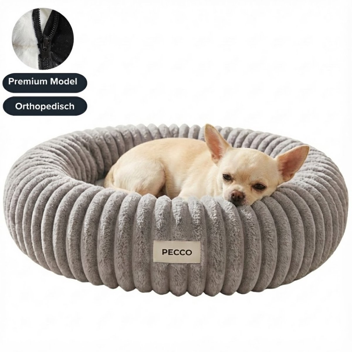Pecco Orthopedische mand voor hond en kat - Rond met ribstof - Diameter 50 cm - Lichtgrijs