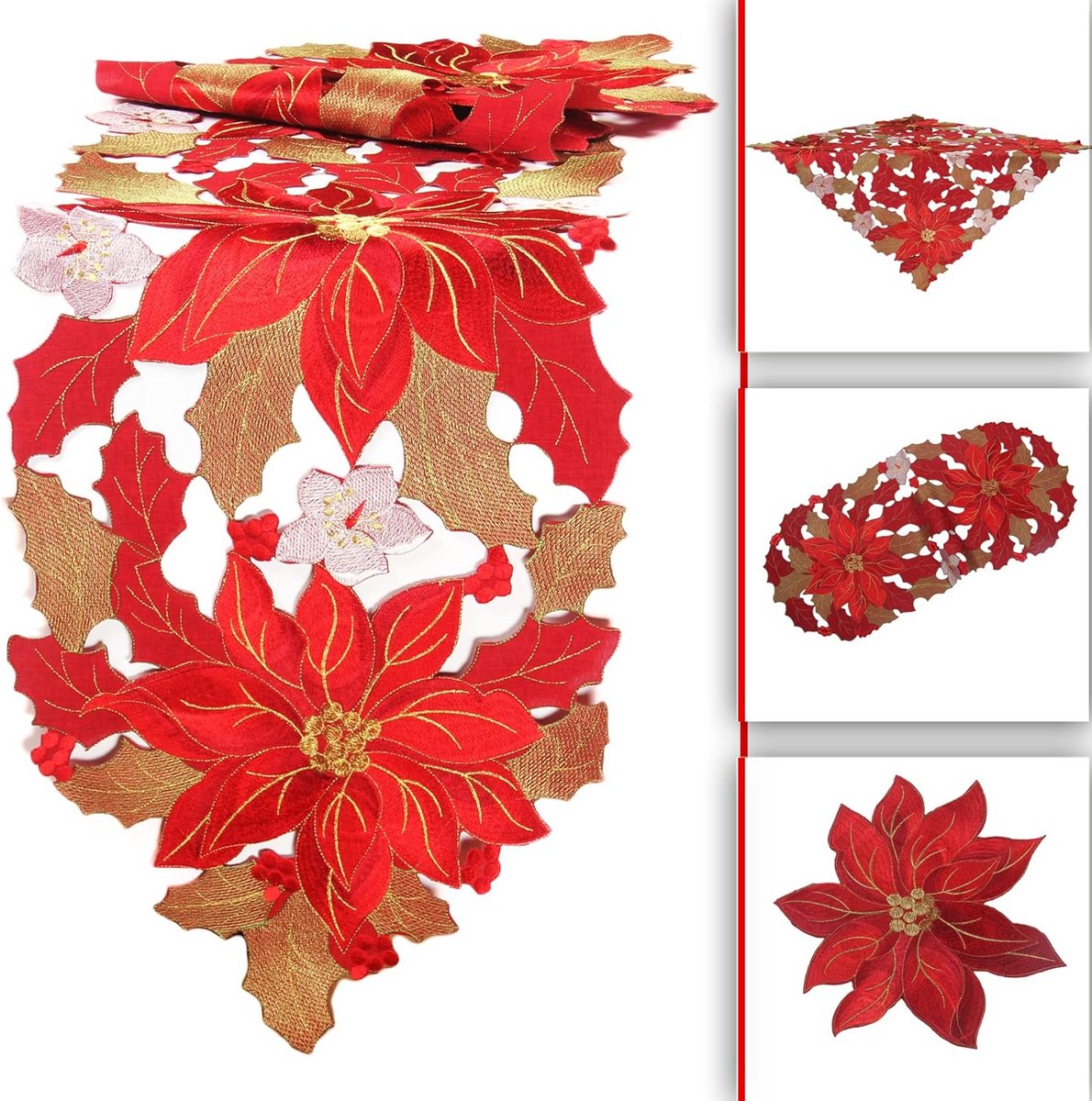 Kerst Tafelkleed Poinsettia Borduurwerk - Vierkant Kerstdecoratie 85x85 cm Rood