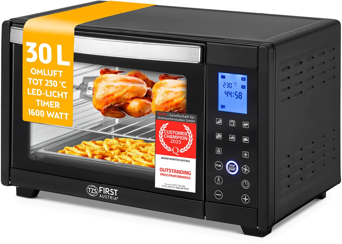 Bol.com TZS First Austria Vrijstaande Oven 30L Digatal - 1600W - Vrijstaande Heteluchtoven - max 230°C - Timer aanbieding