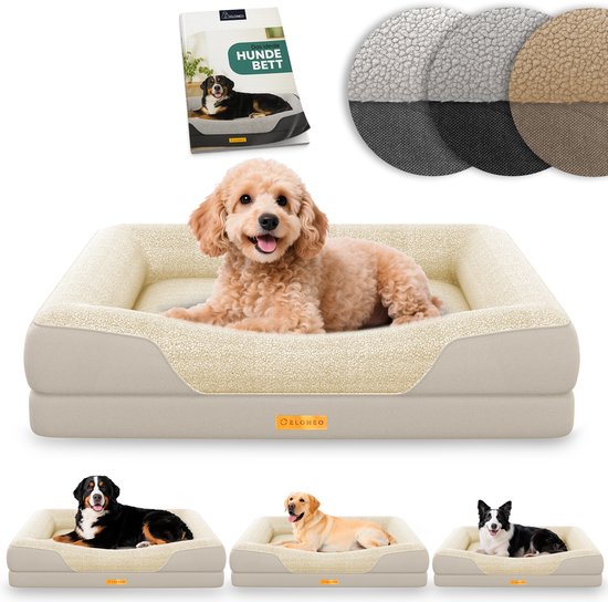 Een volledig crèmekleurig orthopedisch hondenkussen met een beige buitenkant en een crème Sherpa-wollen binnenkant. Een lichtbruine teckel ligt op het kussen. Eronder drie andere honden (Zwitserse sennenhond, labrador, bordercollie) op identieke, maar grotere kussens.