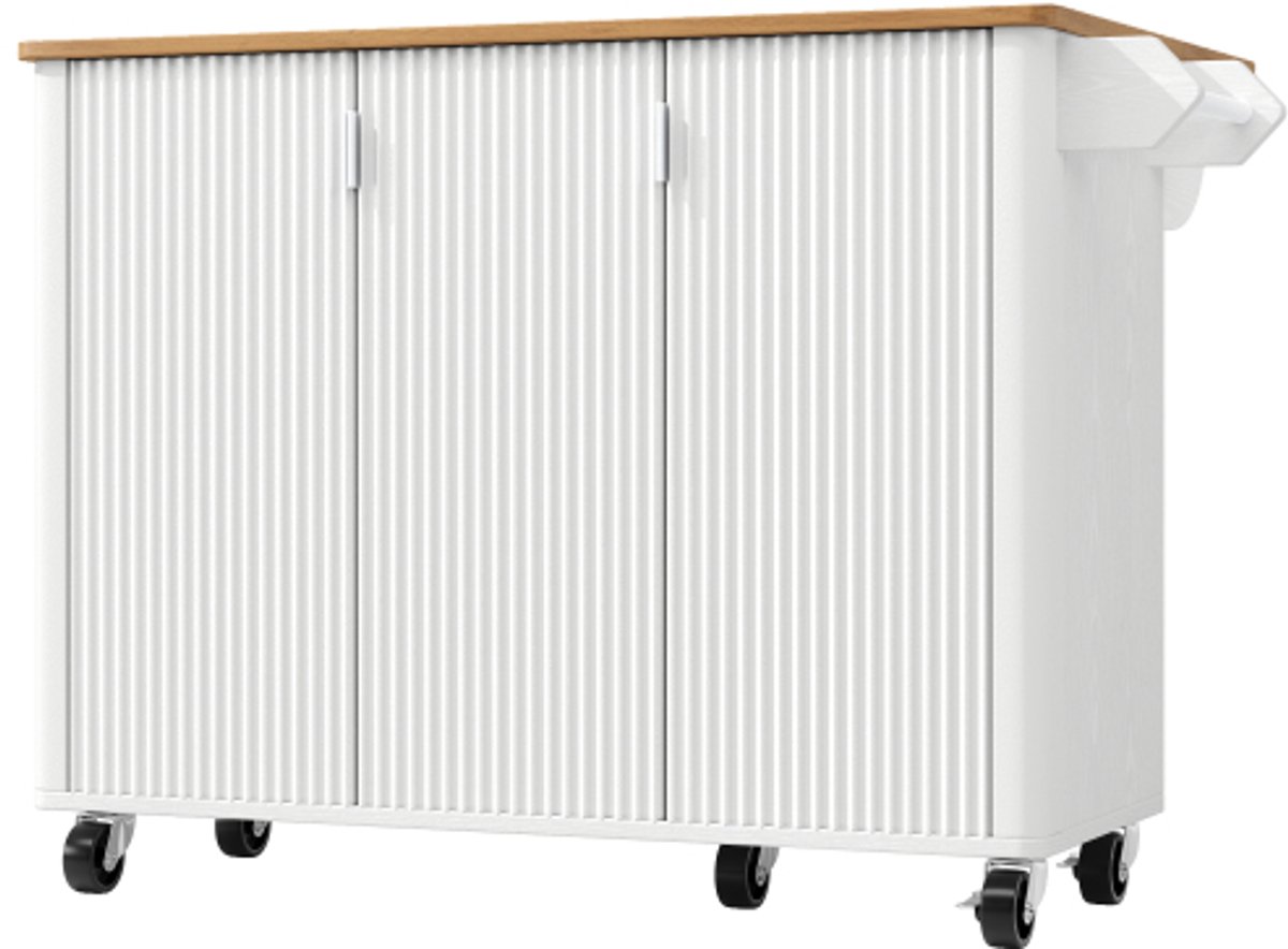 Uitschuifbare Keukeneiland, Dressoir, Opbergkast, Keukentrolley – Uitschuifbare keukentrolley met wielen en handdoekrek – Wit, 130x45(75)x92cm