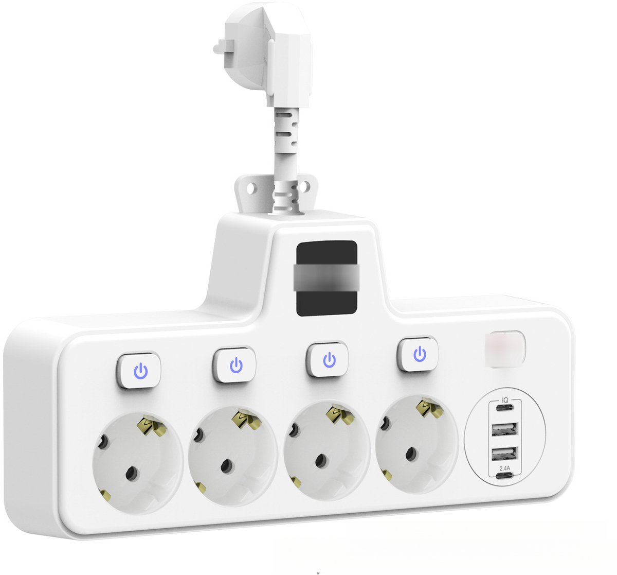 Stekkeradapter met touch-nachtlampje, 2 Type-C-poorten, 2 USB-poorten, stopcontact, afzonderlijk schakelbaar, met overspanningsbeveiliging, wit, geschikt voor thuis en kantoor