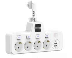 Stekkeradapter met touch-nachtlampje, 2 Type-C-poorten, 2 USB-poorten, stopcontact, afzonderlijk schakelbaar, met overspanningsbeveiliging, wit, geschikt voor thuis en kantoor