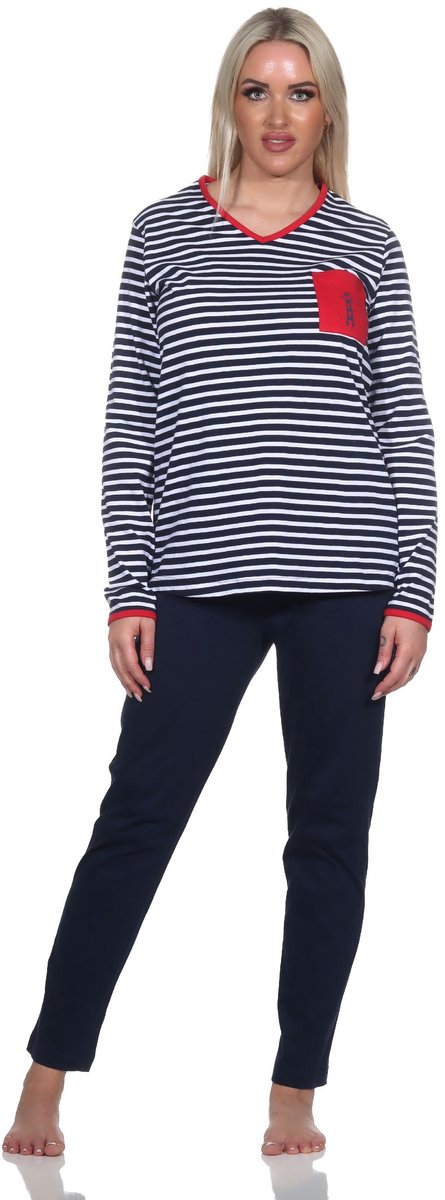 Normann Damespyjama in maritieme streepjeslook en vuurtorenmotief - ook in oversize marine