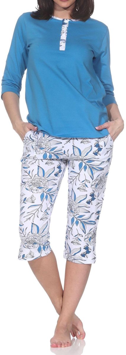 Normann Prachtige damespyjama met korte mouwen en capri broek in bloemenprint - ook in oversize blau1