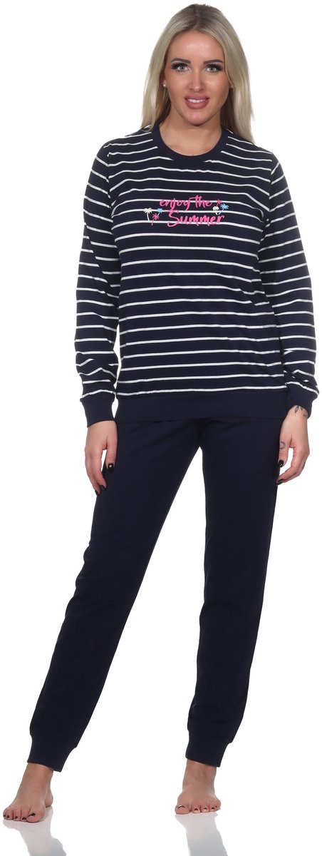 Normann Damespyjama met lange mouwen, gestreepte pyjama met manchetten "Enjoy The Summer" marine