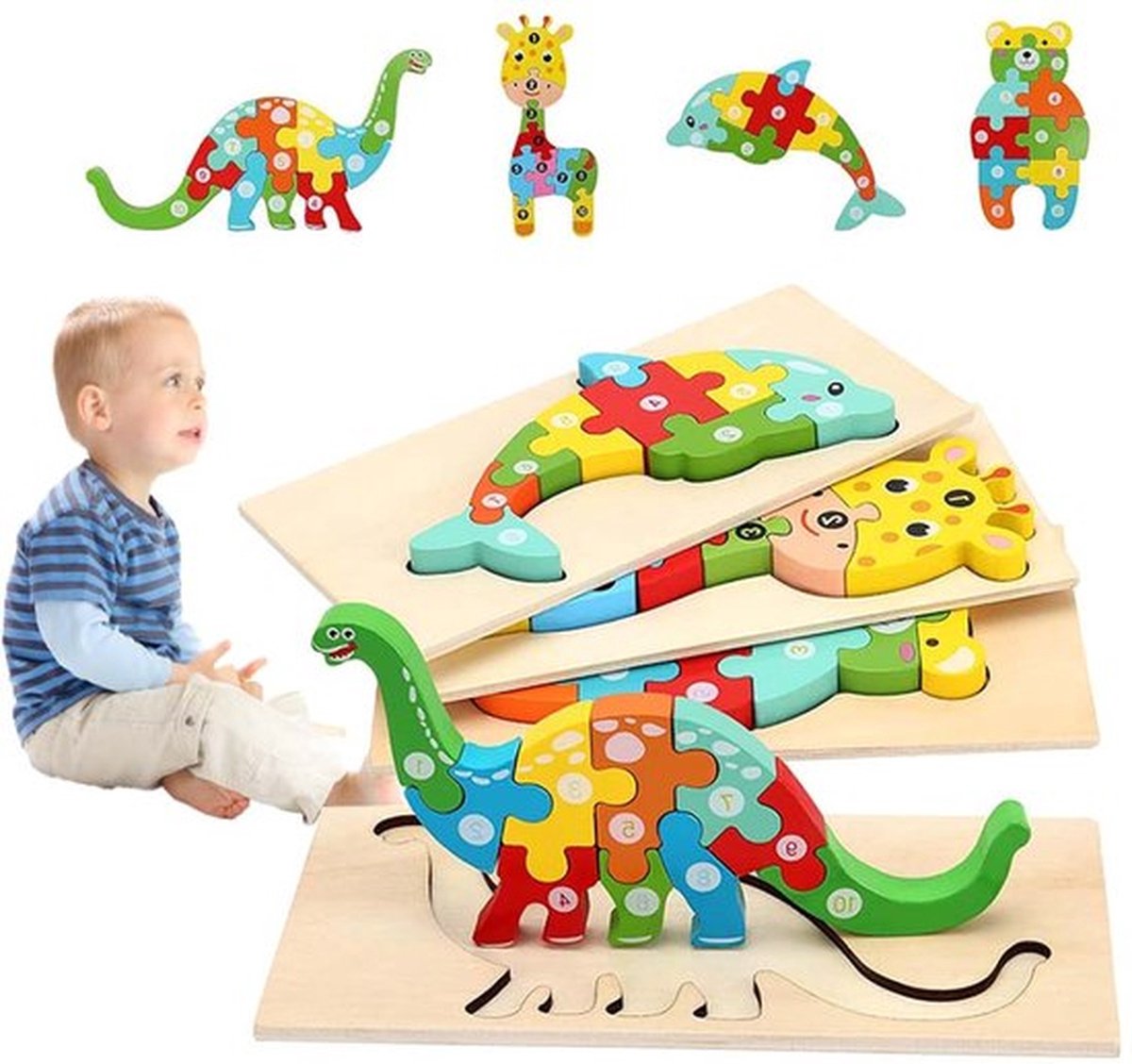 4 Stuks Houten Puzzel Speelgoed - Stereo Puzzel - Geschikt Voor Kinderen Van 1-3 Jaar - Educatief Speelgoed - Herten Dolfijn Dinosaurus Beerpatroon Puzzel