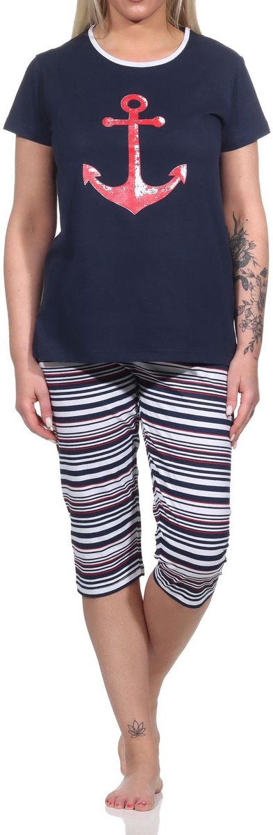 Normann Damespyjama Capri korte mouwen met ankermotief en strepen - 122 204 10 755 navy