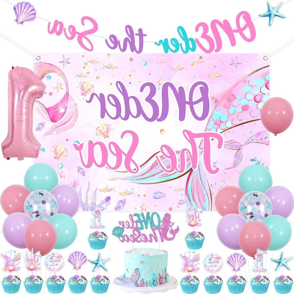 Meisje Verjaardag Zeemeermin Thema Decoratie Set - Zeester, Schelp, Oceaan Dieren, Achtergrond Banner, Cake Topper - 1e Verjaardag Baby Shower Feestbenodigdheden