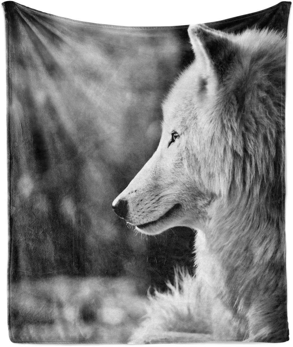 ABAKUHAUS Zwart-witte zachte flanellen fleece deken, wolfportret, knusse pluche plaid, 125 x 175 cm, lichtgrijs