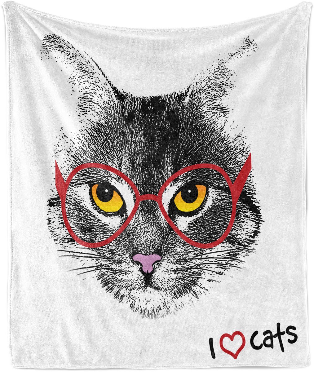 ABAKUHAUS Kitten Zachte Flanellen Fleece Deken, Nerd Kat met Bril, Gezellige Pluche Plaid, 175 x 230 cm, Zwart Wit Rood
