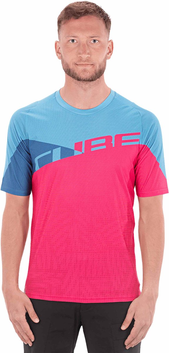 CUBE Fietsshirt EDGE ROUND NECK JERSEY S/S BLUE/PINK S