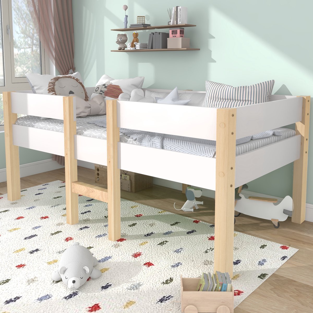 REDOM Kinderbed 90x200 cm van massief hout/MDF – Halfhoog met ladder en opbergruimte onder bed – Wit