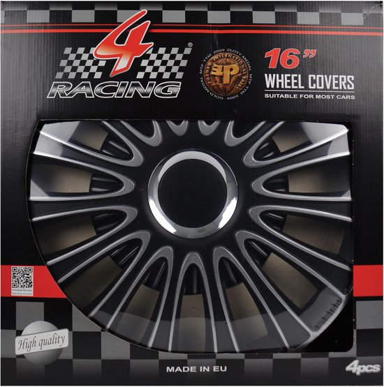 Zwarte 16 inch wieldoppen met zilverkleurige spaken en een centraal zwart vlak, verpakt in een doos met "4 RACING" logo.