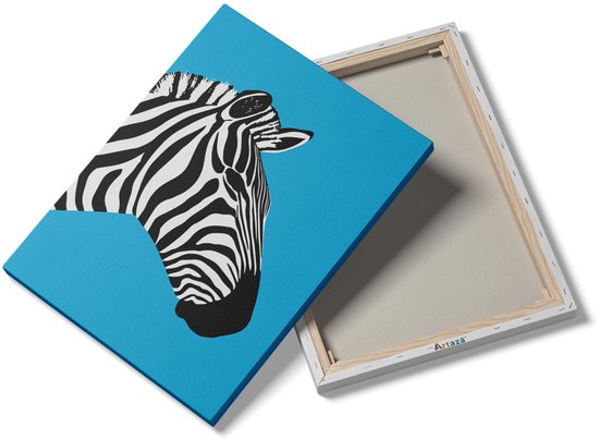 Artaza Canvas Schilderij Zebra Kop - 30x40 cm - Wanddecoratie Dieren - Muurdecoratie Grafisch - Schilderijen Op Canvas - Blauw
