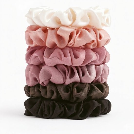 Set de scrunchies en satin dans les teintes nude, rose et brun – 6 pièces d'accessoires capillaires élastiques en satin brillant – set de scrunchies aux couleurs pastel et foncées pour femmes